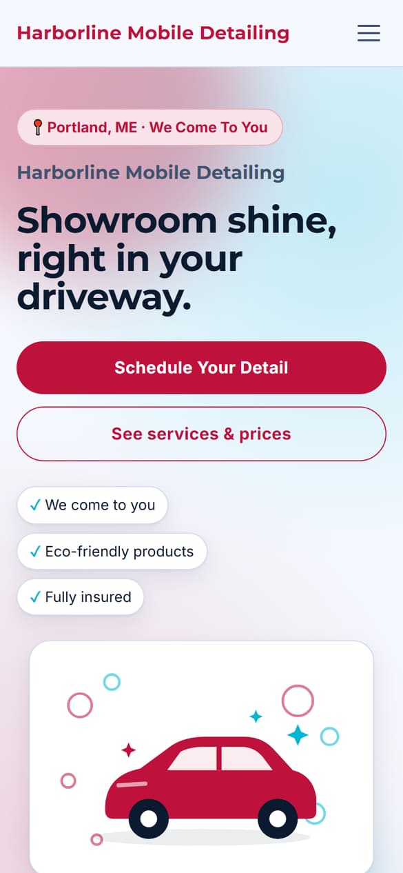 A mobile booking page made with Crewtide for Harborline Mobile Detailing, a demo business, with a Schedule Your Detail button.