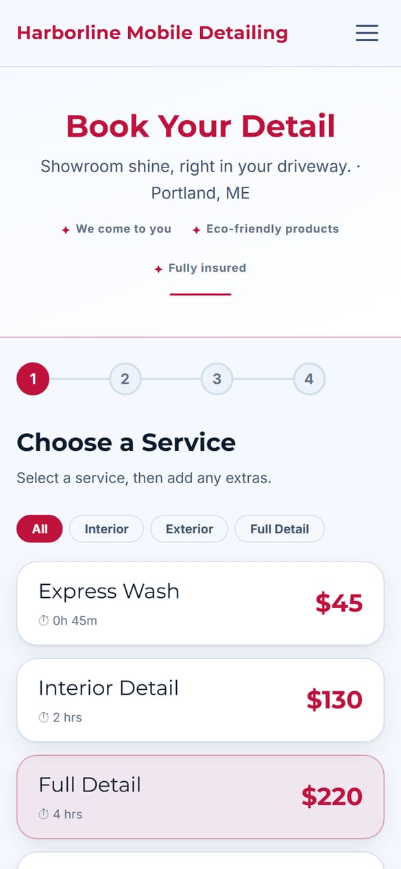 Step 1 of booking: choose a service. Express Wash $45, Interior Detail $130, Full Detail $220 (selected) and Ceramic Coating $600 to $1,200 marked Quote.