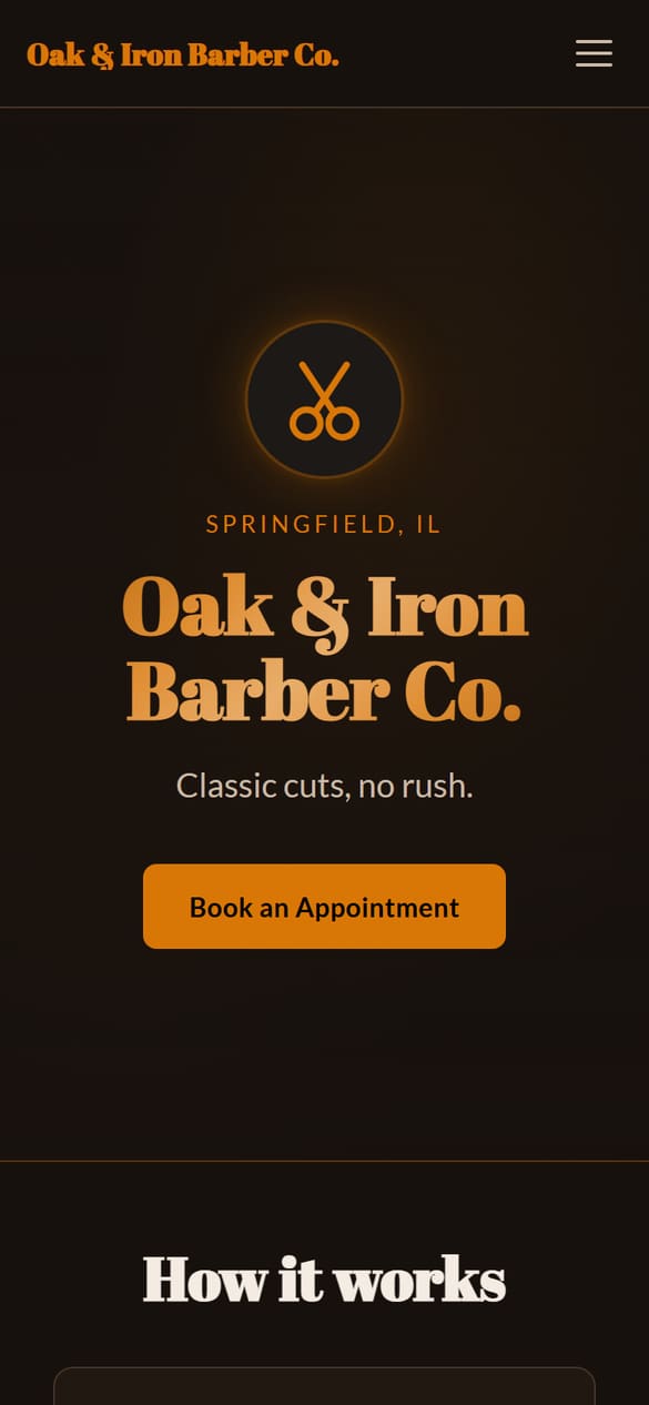 An in-shop booking page made with Crewtide for Oak & Iron Barber Co., a demo barbershop, with a Book an Appointment button.