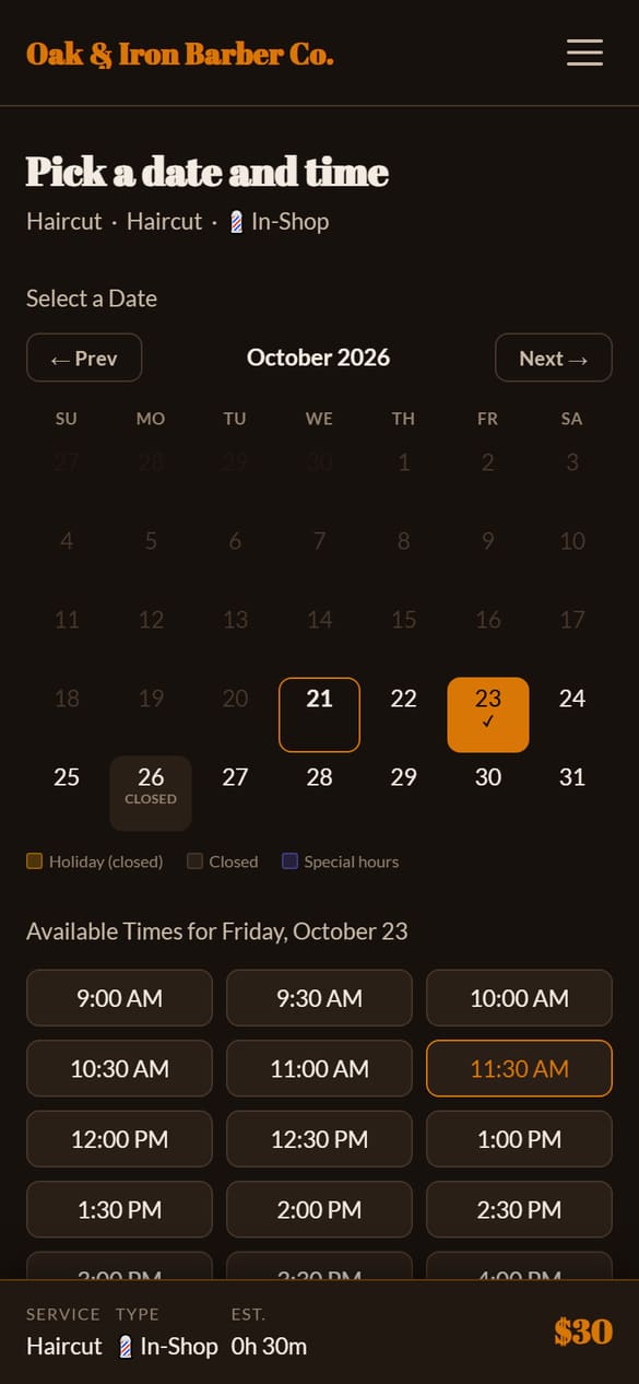 Pick a date and time: an October calendar with a closed day marked, and open haircut times from 9:00 AM to 2:30 PM for Friday, October 23.